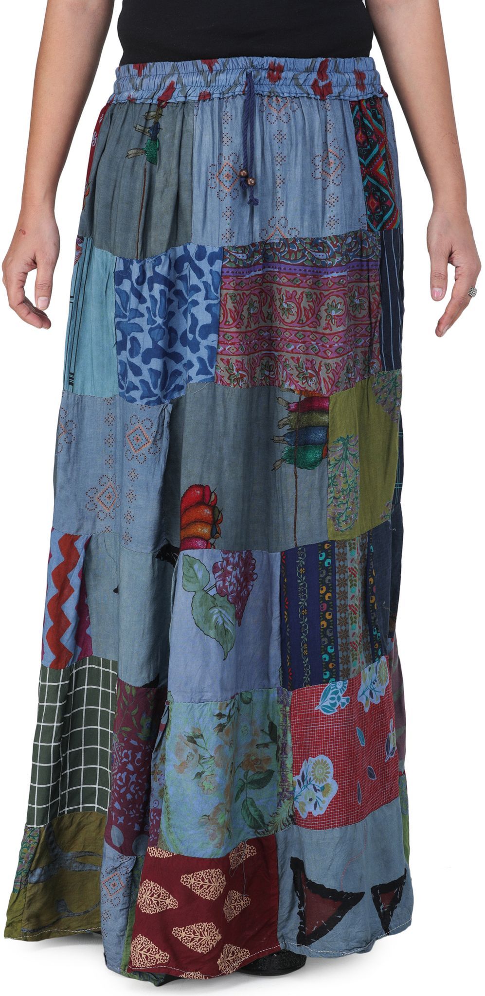 Denim-Blue Printed Long Boho Skirt from Gujarat with Patch Work