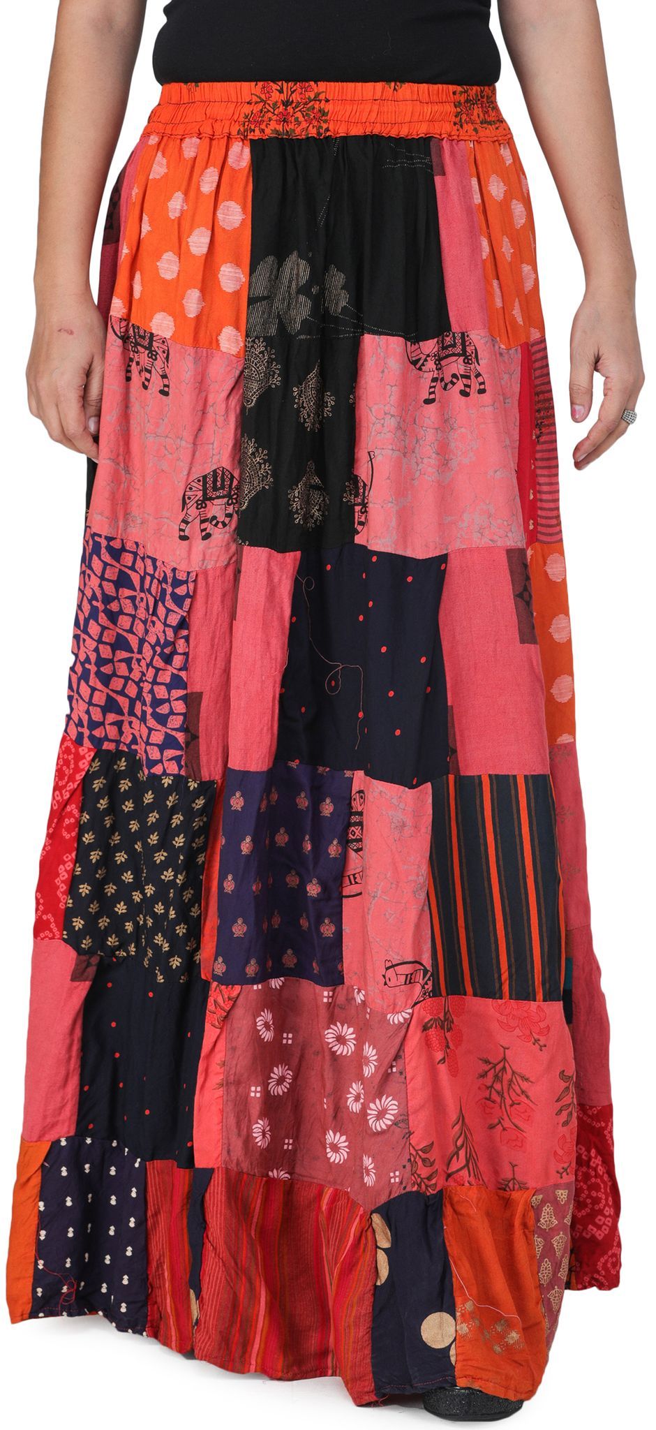 Coral Printed Long Boho Skirt from Gujarat with Patch Work