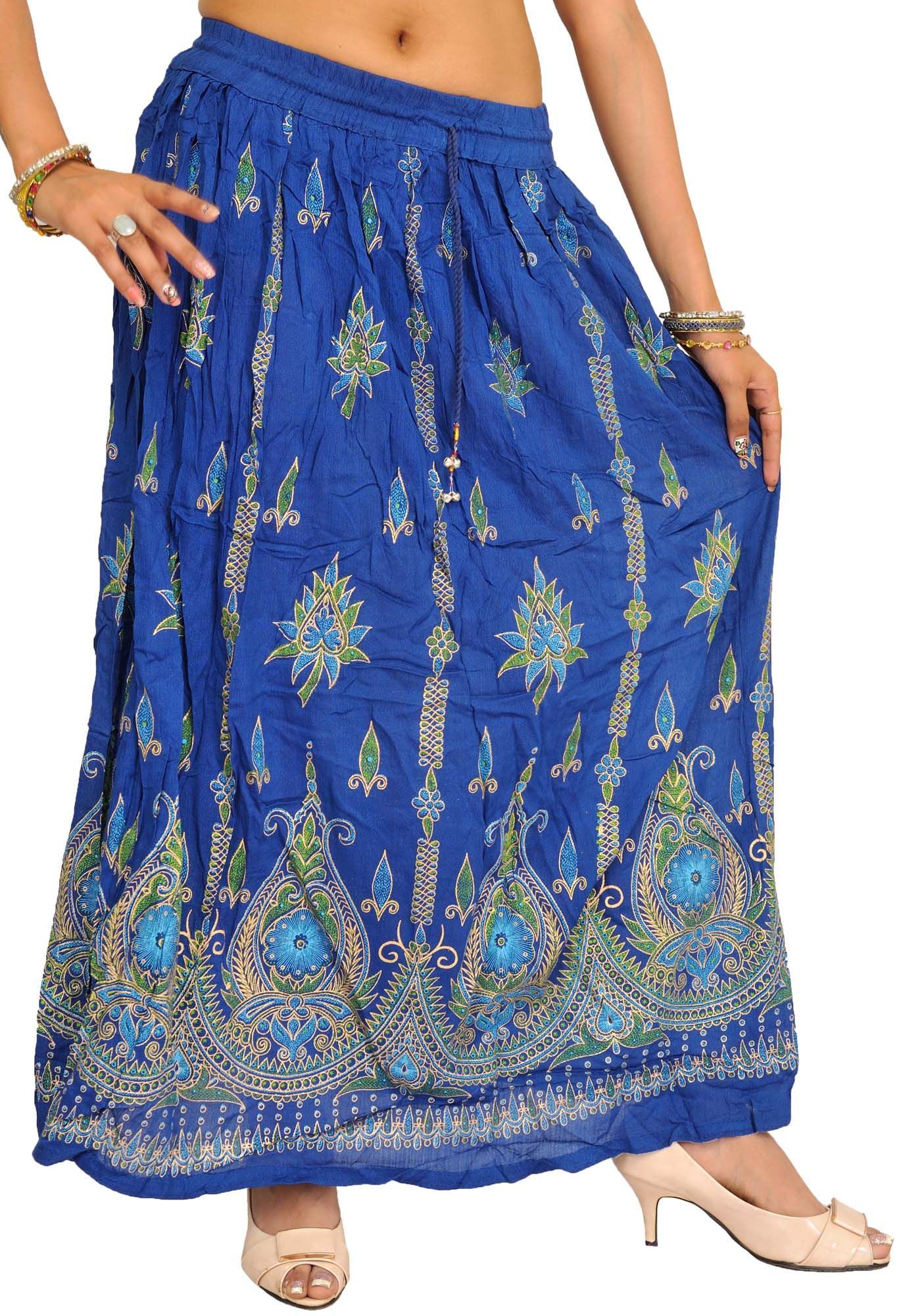 Snorkel-Blue Long Skirt With Printed Flowers and Embroidered Sequins