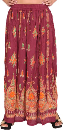 Red-Plum Long Skirt With Printed Flowers and Embroidered Sequins Red-Plum Long Skirt With Printed Flowers and Embroidered Sequins