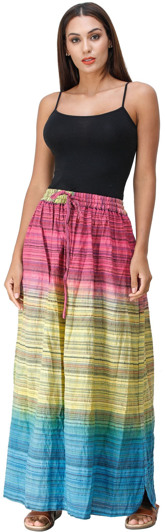 Green-Sheen Long Summer Skirt with Stripes Woven in Multi-Color Thread and Dori on Waist