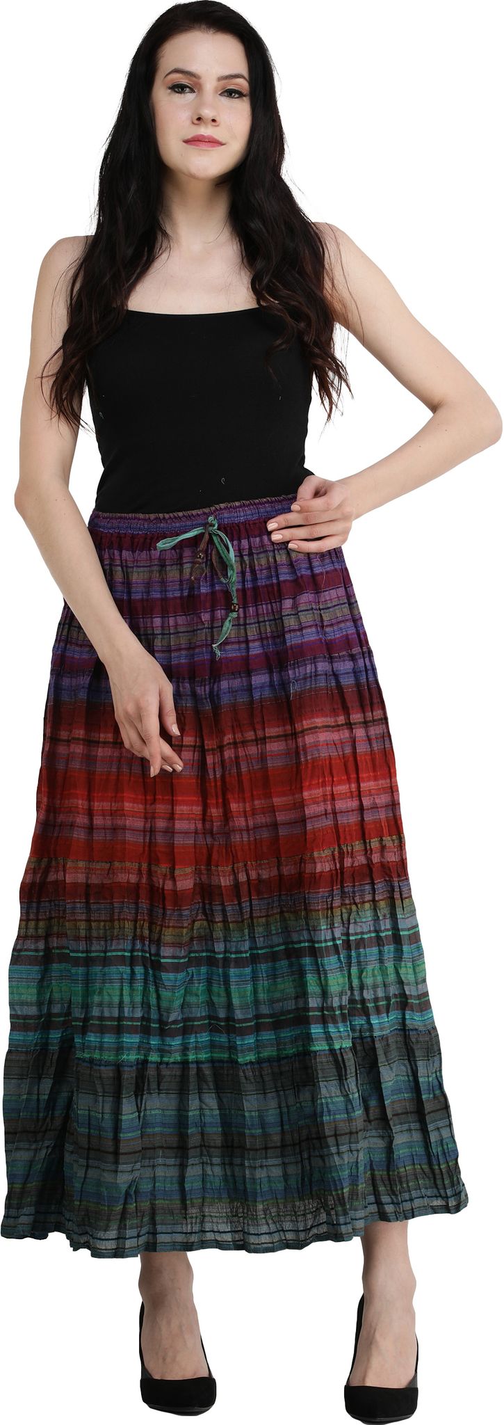 Mineral-Red Long Summer Skirt with Stripes Woven in Multi-Color Thread and Dori on Waist