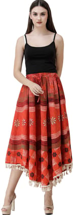 Poppy-Red Printed Fish-Cut Skirt with Tassels on Border Poppy-Red Printed Fish-Cut Skirt with Tassels on Border