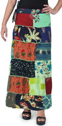 Sap-Green Printed Long Boho Wrap-On Long Skirt from Gujarat with Patch Work Sap-Green Printed Long Boho Wrap-On Long Skirt from Gujarat with Patch Work
