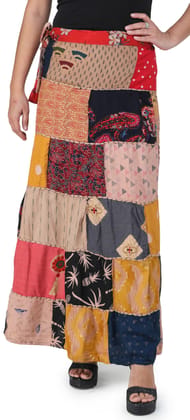 Cafe Printed Long Boho Wrap-On Long Skirt from Gujarat with Patch Work Cafe Printed Long Boho Wrap-On Long Skirt from Gujarat with Patch Work