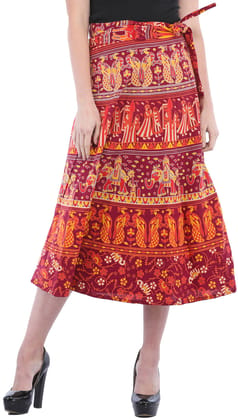 Windsor-Wine Wrap-Around Sanganeri Skirt with Printed Marriage Procession Windsor-Wine Wrap-Around Sanganeri Skirt with Printed Marriage Procession