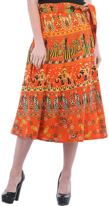 Flame-Orange Wrap-Around Sanganeri Skirt with Printed Marriage Procession Flame-Orange Wrap-Around Sanganeri Skirt with Printed Marriage Procession