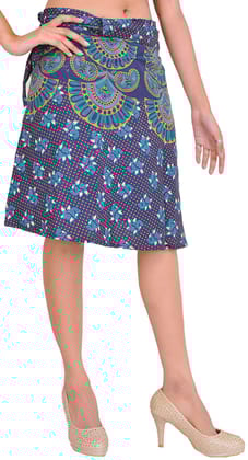 Twilight-Blue Wrap-Around Long Skirt with Block-Print in Pastel Colors