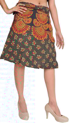 Darkest-Spruce Wrap-Around Long Skirt with Block-Print in Pastel Colors