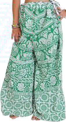 Fairway-Green Palazzo Pants from Pilkhuwa with Printed Flowers and Elephants