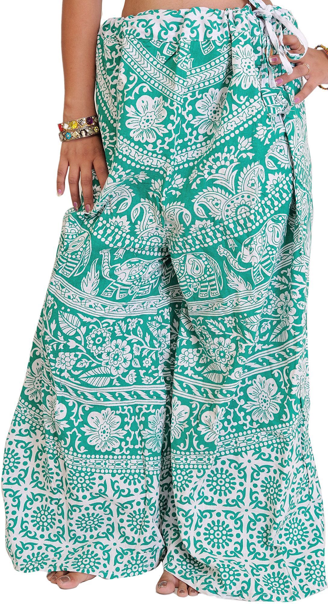 Green-Lake Palazzo Pants from Pilkhuwa with Printed Flowers and Elephants