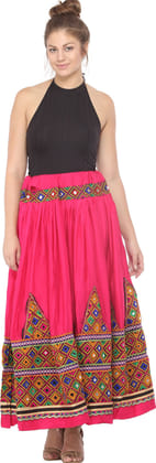 Rasberry-Sorbet Ghagra Skirt from Kutch with Multicolor Thread Embroidered Patch Border and Mirrors Rasberry-Sorbet Ghagra Skirt from Kutch with Multicolor Thread Embroidered Patch Border and Mirrors