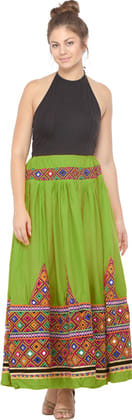 Kiwi-Green Skirt from Kutch with Multicolor Thread Embroidered Patch Border and Mirrors Kiwi-Green Skirt from Kutch with Multicolor Thread Embroidered Patch Border and Mirrors