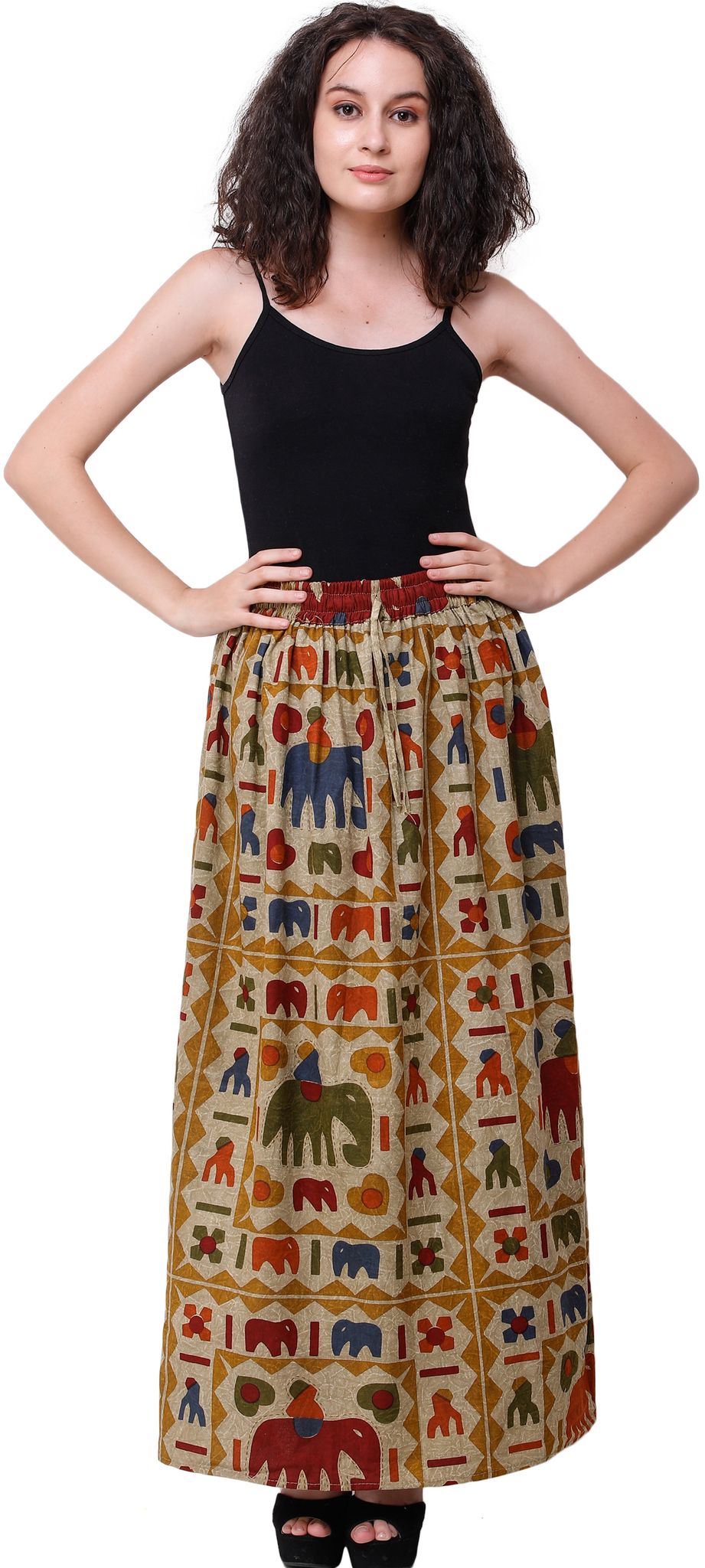 Pale Olive Green Stone-Washed Long Elastic Skirt with Printed Elephants