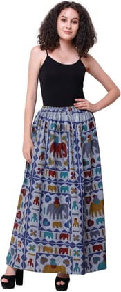 Highrise-Gray Stone-Washed Long Elastic Skirt with Printed Elephants Highrise-Gray Stone-Washed Long Elastic Skirt with Printed Elephants