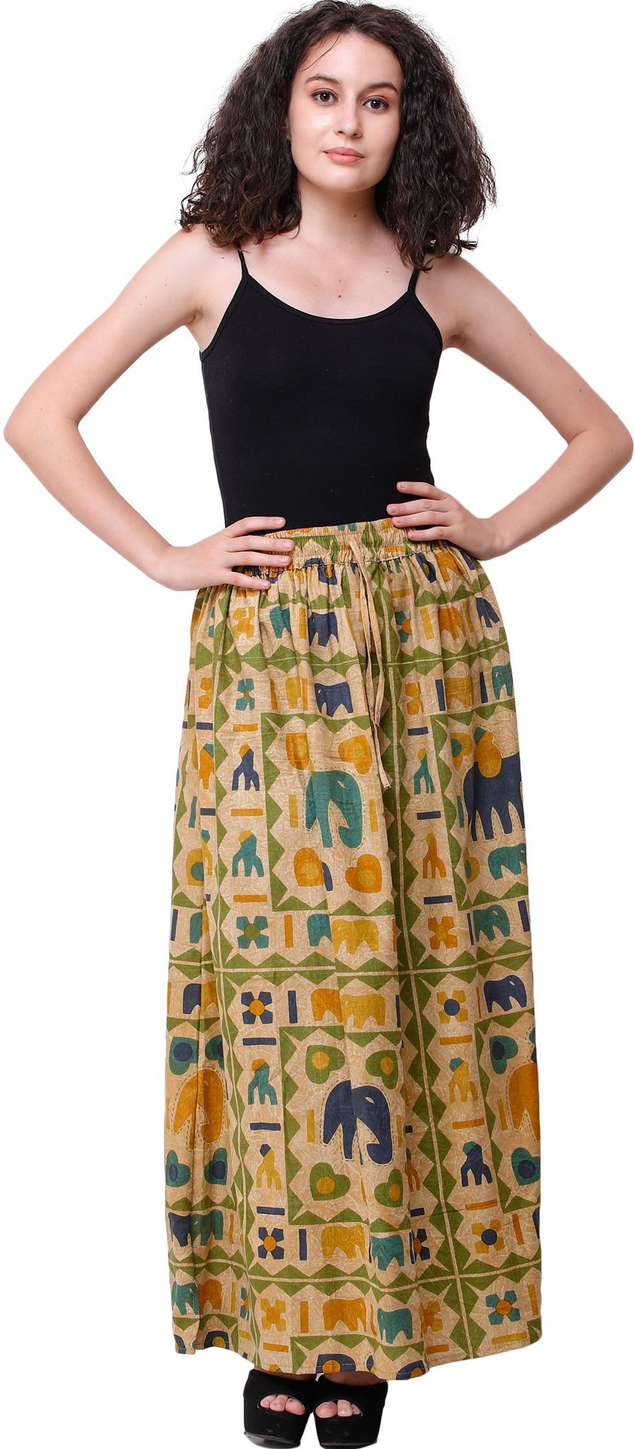 Italian-Straw Stone-Washed Long Elastic Skirt with Printed Elephants