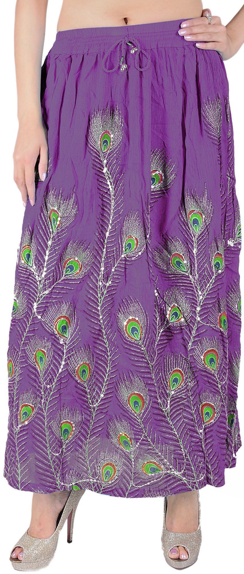 Pansy-Purple Long Skirt with Printed Peacock Feather and Embroidered Sequins