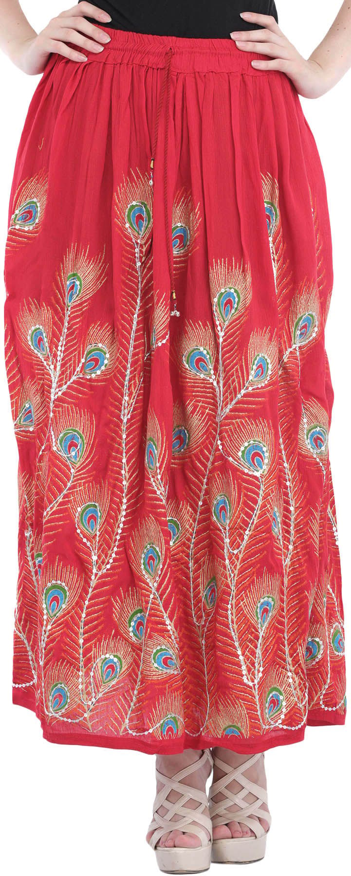 Red Long Skirt with Printed Peacock Feather and Embroidered Sequins