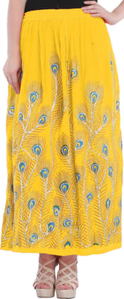Daffodil Long Skirt with Printed Peacock Feather and Embroidered Sequins Daffodil Long Skirt with Printed Peacock Feather and Embroidered Sequins
