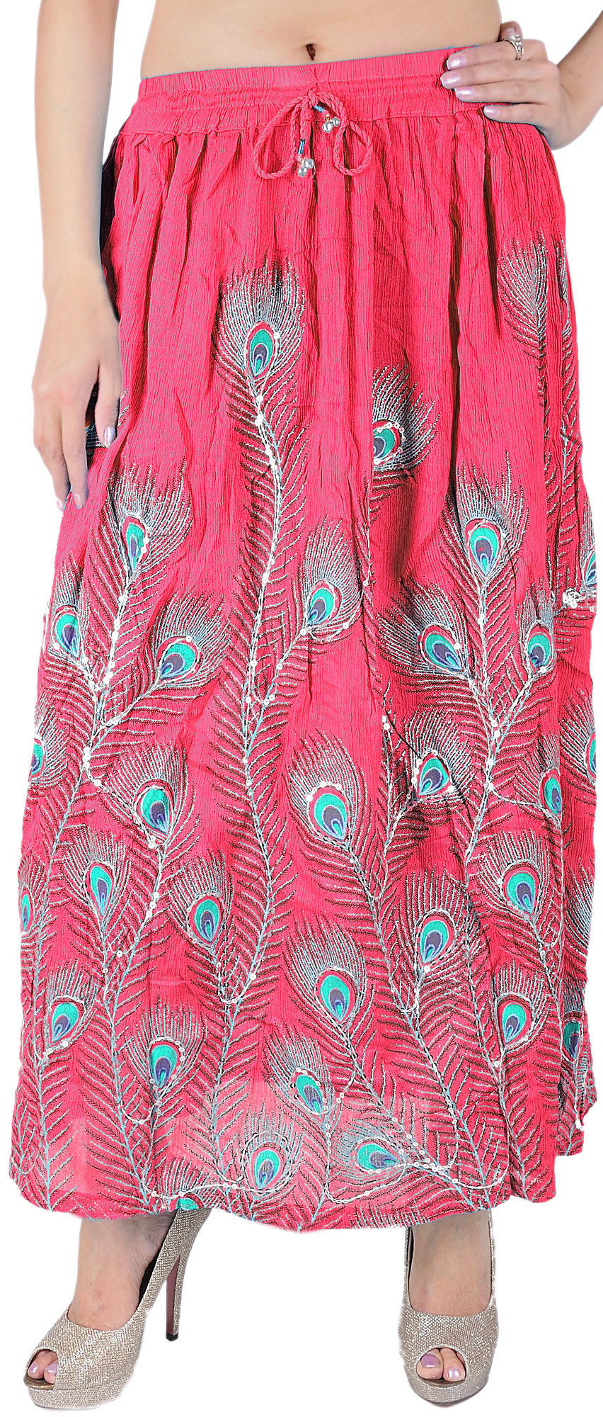 Magenta Long Skirt with Printed Peacock Feather and Embroidered Sequins