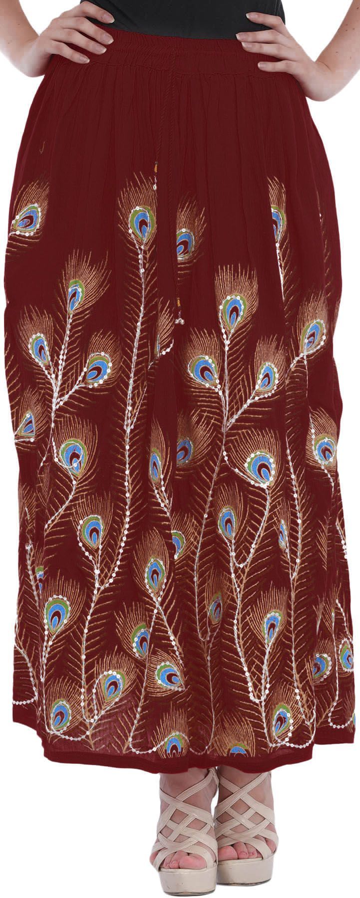 Burnt-Russet Long Skirt with Printed Peacock Feather and Embroidered Sequins