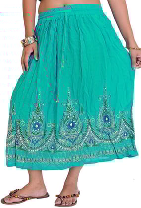 Pool-Green Midi-Skirt with Printed Flowers Embellished with Sequins