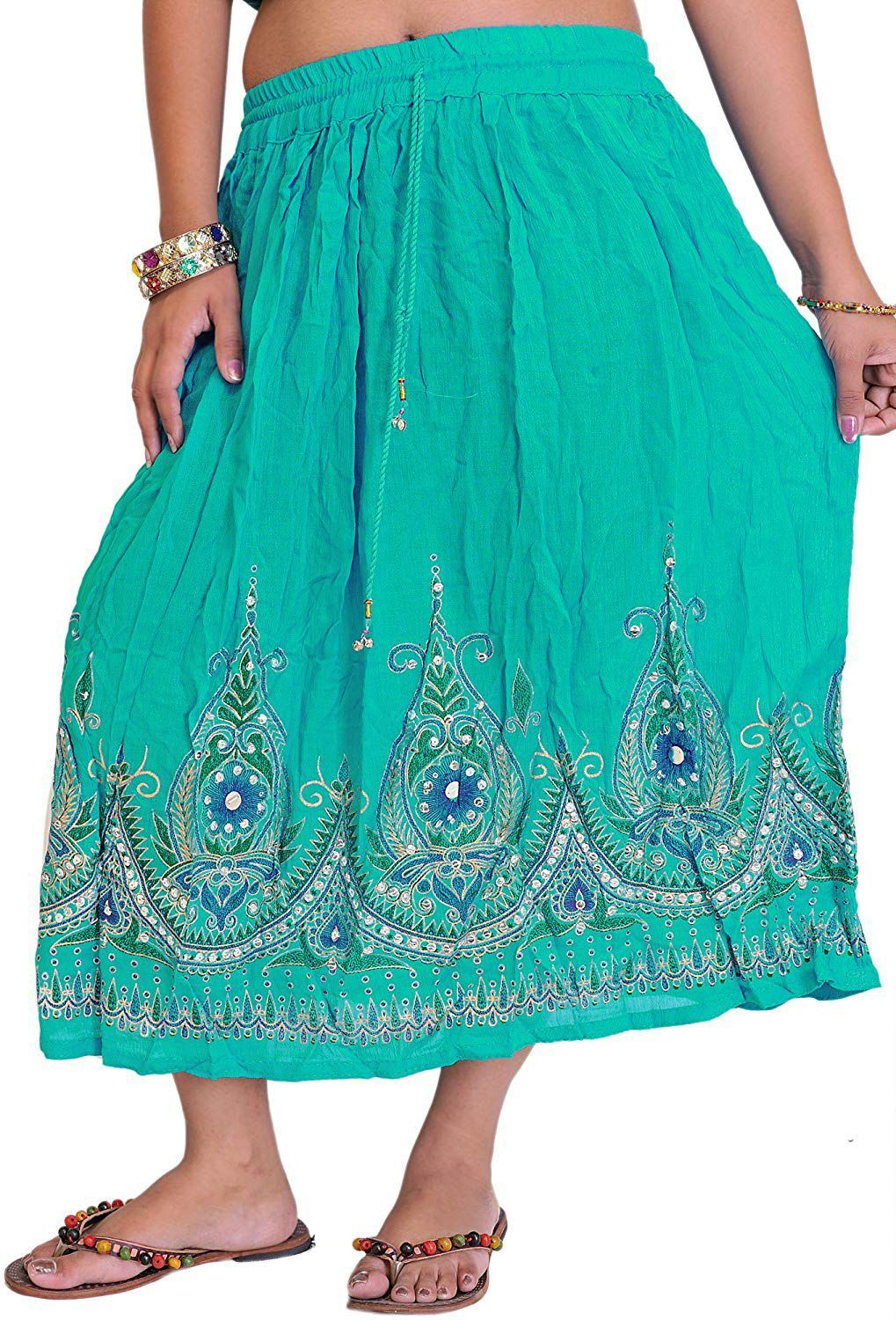 Pool-Green Midi-Skirt with Printed Flowers Embellished with Sequins