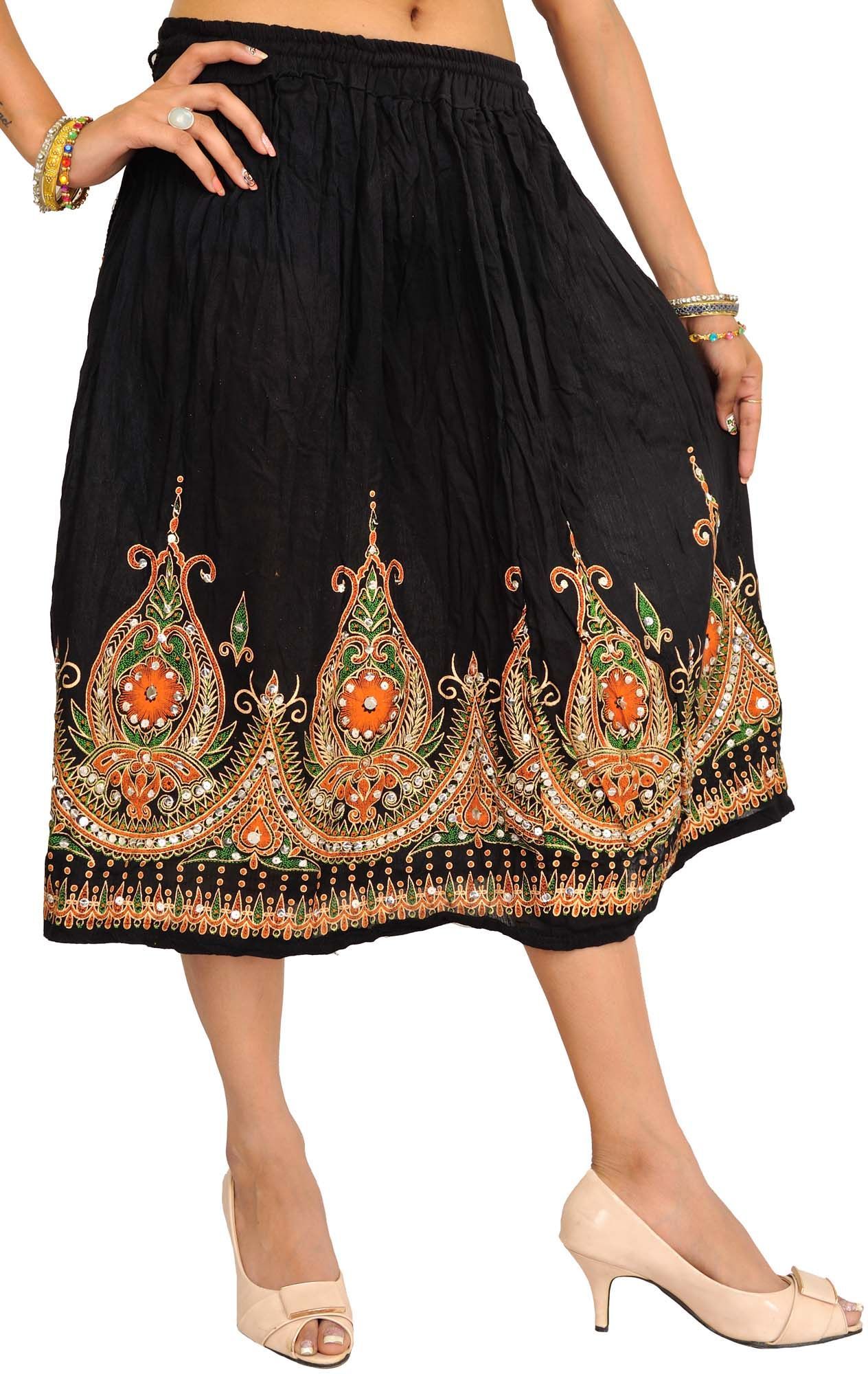 Caviar-Black Midi-Skirt with Printed Flowers Embellished with Sequins