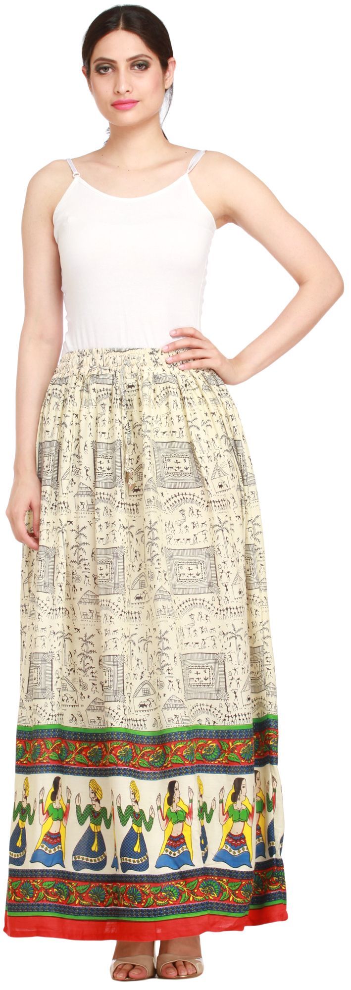 Tomato Red Off-White Warli Folk Printed Long Skirt with Dancing Couples