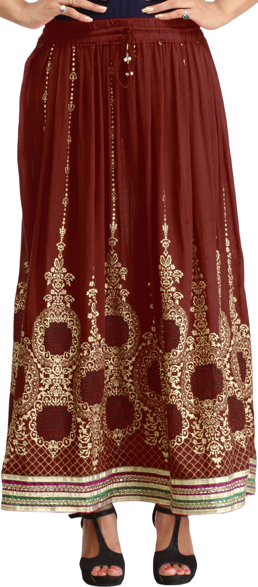 Garnet Embellished Long Skirt with Golden Print and Embroidered Patch Border