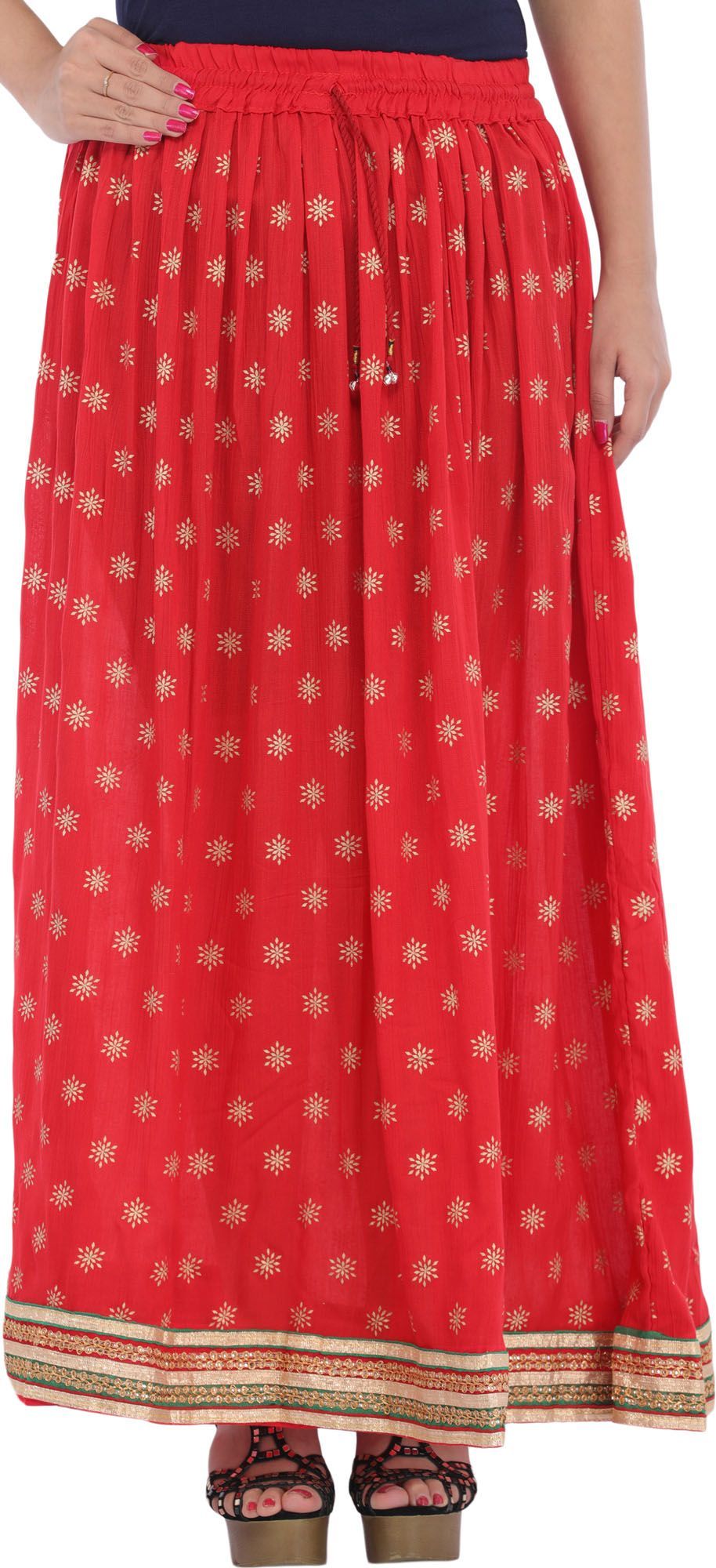 Bittersweet-Red Long Skirt with Golden Printed Bootis and Gota Border