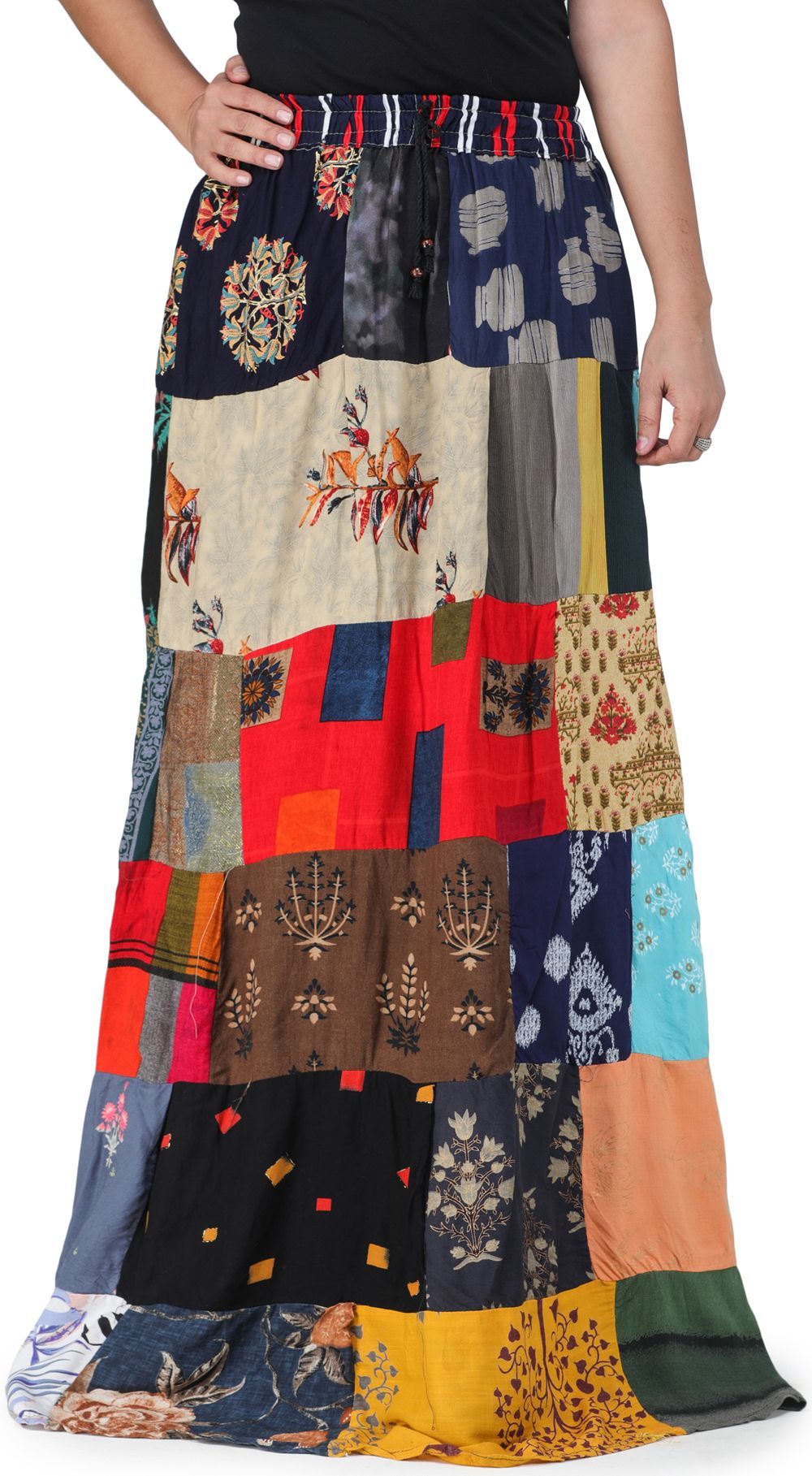 Red-Blue Printed Long Boho Skirt from Gujarat with Patch Work
