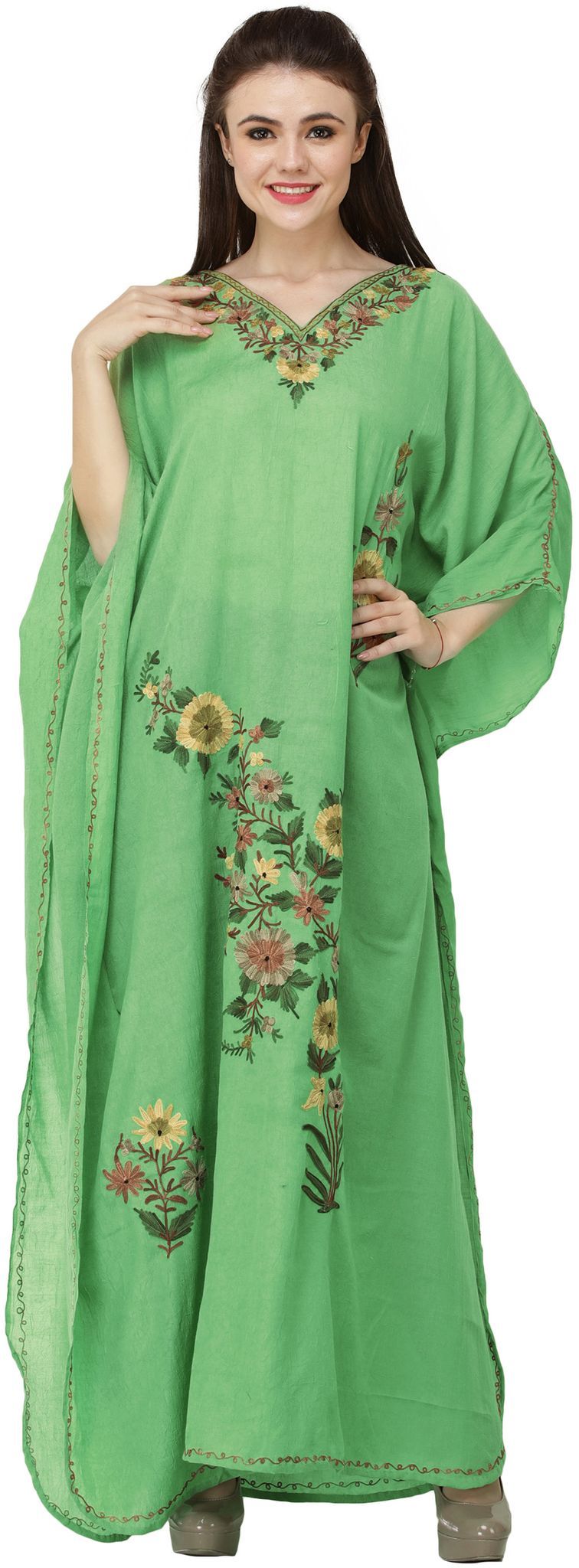 Summer-Green Crushed Kashmiri Kaftan with Aari Embroidered Multicolored Flowers