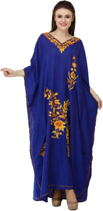 Lapis-Blue Crushed Kashmiri Kaftan with Aari Embroidered Multicolored Flowers Lapis-Blue Crushed Kashmiri Kaftan with Aari Embroidered Multicolored Flowers