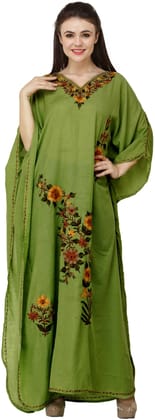 Cedar-Green Crushed Kashmiri Kaftan with Aari Embroidered Multicolored Flowers Cedar-Green Crushed Kashmiri Kaftan with Aari Embroidered Multicolored Flowers