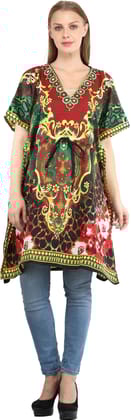 Ribbon-Red Short Kaftan with Printed Florals All-Over and Dori at Waist