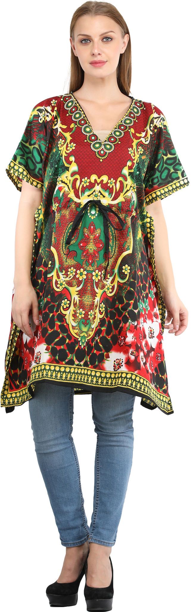 Ribbon-Red Short Kaftan with Printed Florals All-Over and Dori at Waist