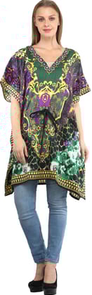 Jelly-Bean Short Kaftan with Printed Florals All-Over and Dori at Waist