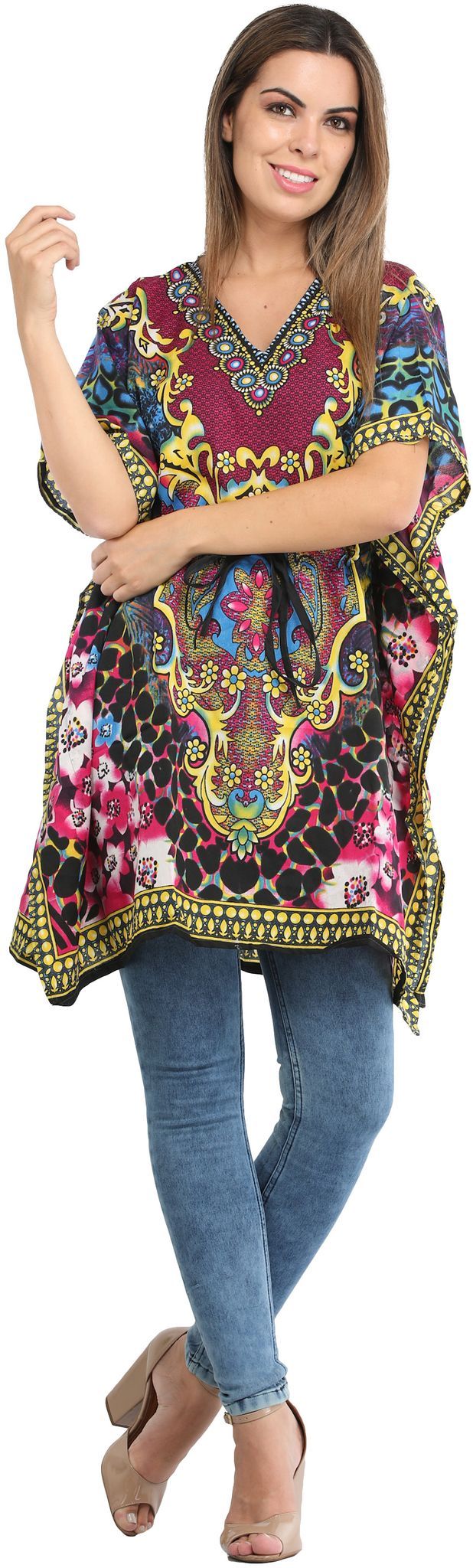 Rasberry-Rose Short Kaftan with Printed Florals All-Over and Dori at Waist