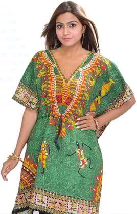 Green Printed Short Kaftan with Dori at Waist