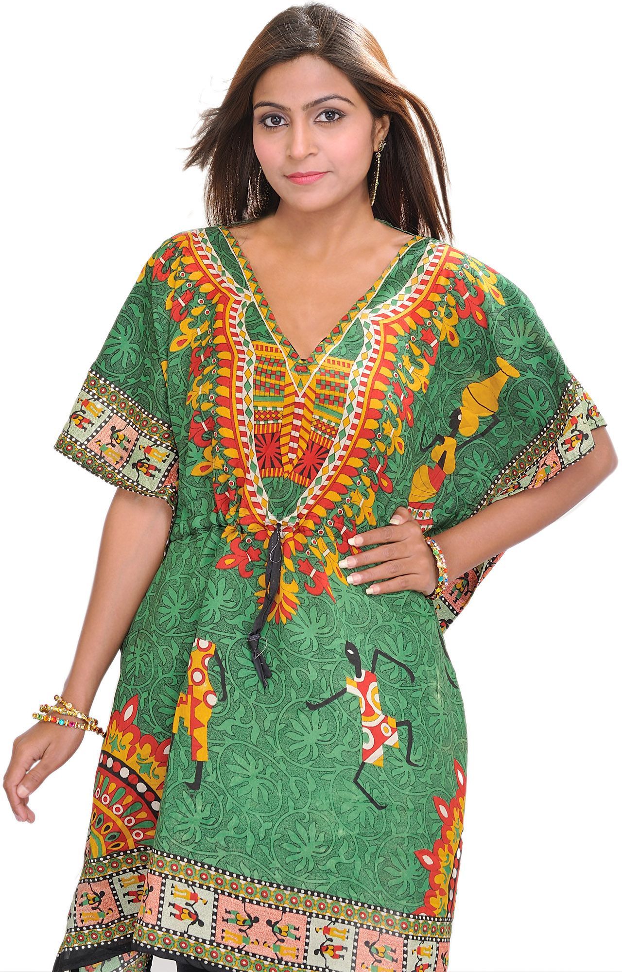 Green Printed Short Kaftan with Dori at Waist