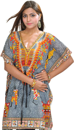 Gray Printed Short Kaftan with Dori at Waist
