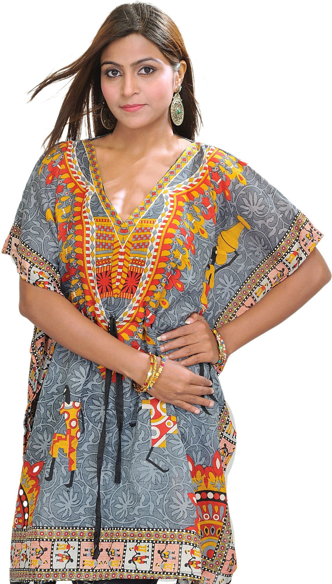 Gray Printed Short Kaftan with Dori at Waist