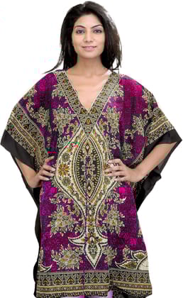 Raspberry-Rose Printed Short Boho Kaftan with Dori at Waist