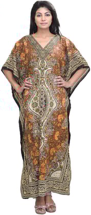Peach Long Printed Kaftan with Dori at Waist