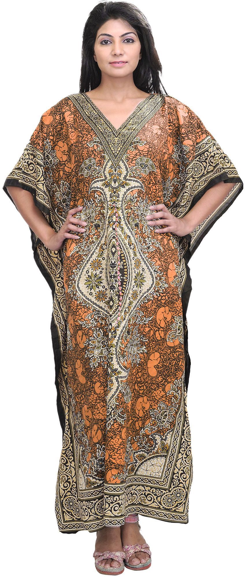 Peach Long Printed Kaftan with Dori at Waist