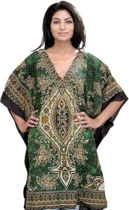 Garden-Green Printed Short Boho Kaftan with Dori at Waist Garden-Green Printed Short Boho Kaftan with Dori at Waist