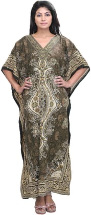 Light-Taupe Long Printed Kaftan with Dori at Waist