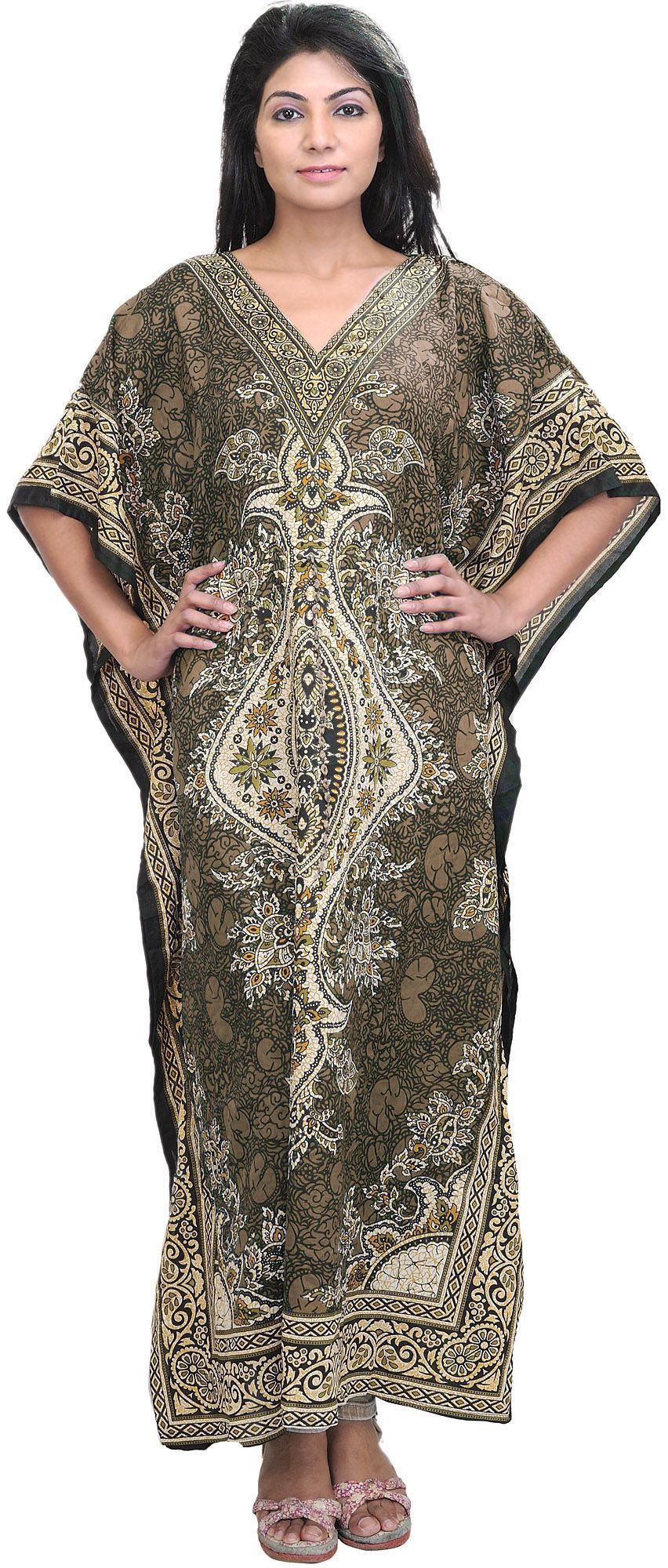 Light-Taupe Long Printed Kaftan with Dori at Waist