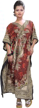 Claret-Red Long Printed Kaftan with Dori at Waist Claret-Red Long Printed Kaftan with Dori at Waist